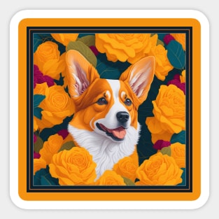 Dogs, corgi and flowers, dog, style vector (yellow version corgi) Sticker